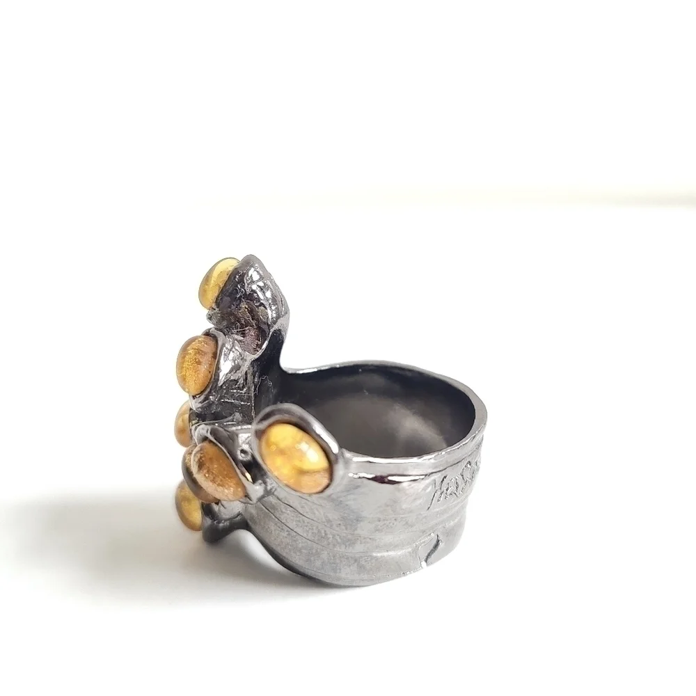 Yves Saint Laurent Gunmetal Arty Yellow Stone Dots Ring Rare & Authentic Size 7